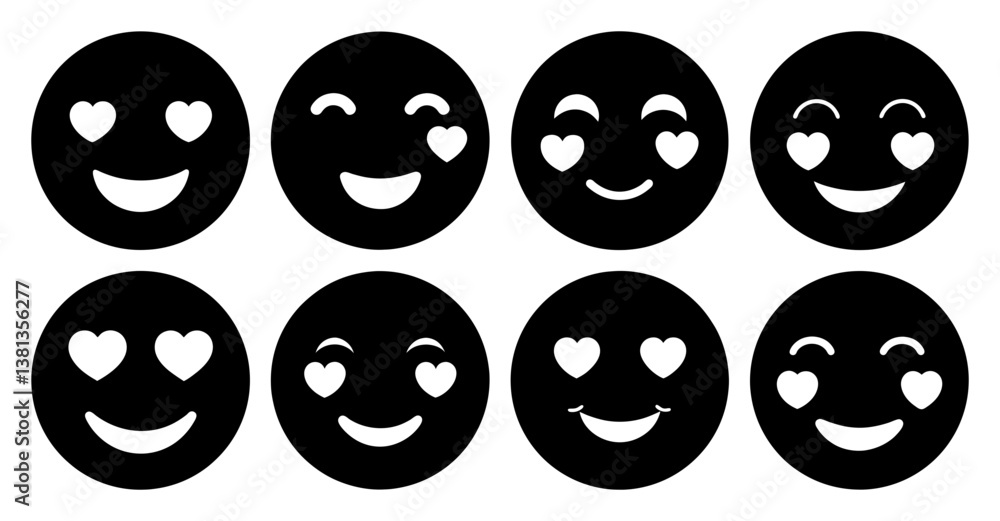 Collection of eight black and white emoticon faces showing love Collection of eight black and white emoticon faces showing love