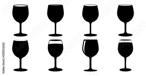 Collection of Eight Black Silhouettes of Wine Glasses Empty and Full