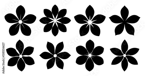 Collection of Eight Black Silhouettes of Simple Stylized Flowers with Five Petals Each Showing Various Arrangements and Degrees of Openness