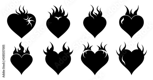 Collection of eight fiery hearts in different styles black and white tattoo designs
