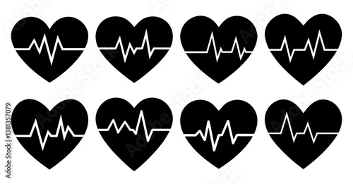 Collection of Eight Black Heart Icons with White Heartbeat Line Graphics