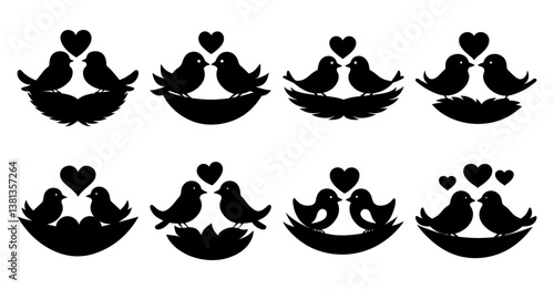 Eight Adorable Illustrations of Two Birds in a Nest with Hearts