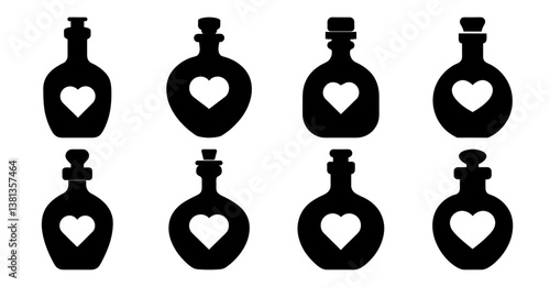Collection of Eight Black Silhouette Bottles with White Hearts  Romantic Potion Love Phials