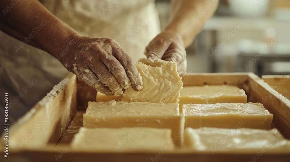 Close-up of hands shaping cheese in molds during the traditional cheese-making process at a private cheese factory. Close-up of hands shaping cheese in molds during the traditional cheese-making process at a private cheese factory.