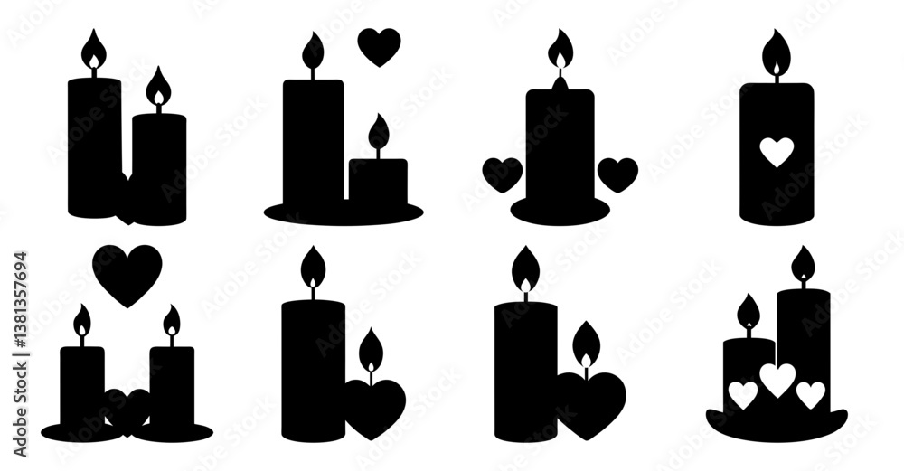 Fototapeta premium Collection of Romantic Candle Icons with Hearts for Valentine's Day or Wedding Designs