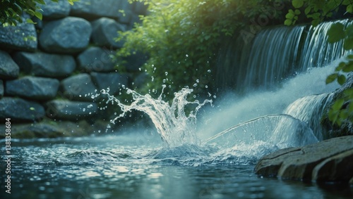 Natural scenery. Water jets from a waterfall.