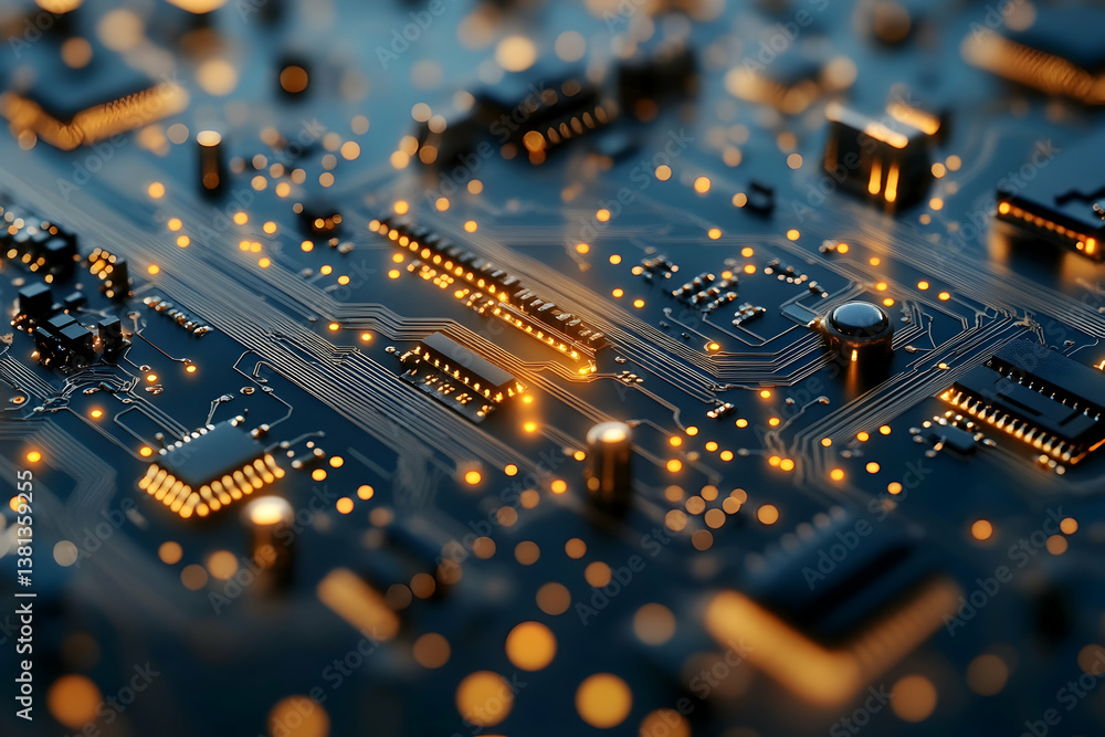 Close up view of a complex illuminated circuit board Close up view of a complex illuminated circuit board