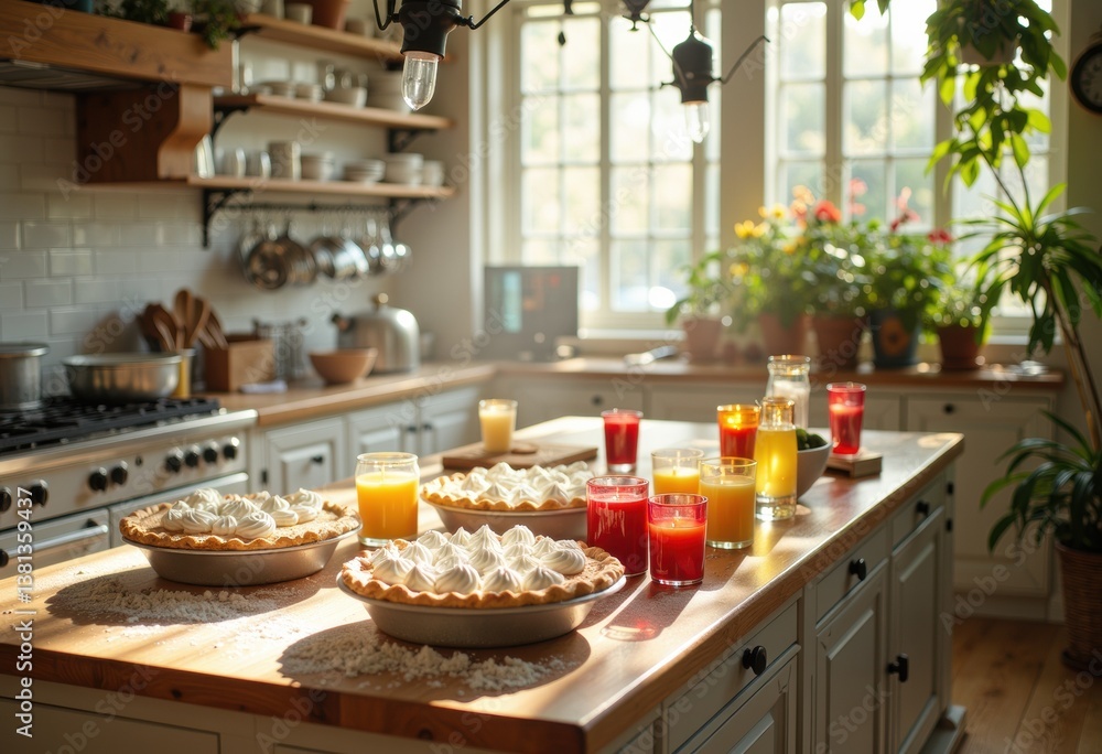 Freshly baked pies and colorful drinks on a rustic kitchen table Freshly baked pies and colorful drinks on a rustic kitchen table