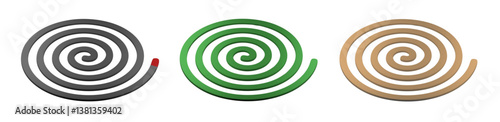 Three mosquito repellent coils in black, green, and brown isolated on white background, used for insect control. One black coil is partially burned, releasing smoke to repel mosquitoes indoors and
