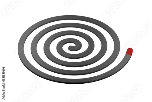 Black mosquito coil with a red burning tip isolated on white background, used as an insect repellent for pest control. Slow burning spiral releases smoke to repel mosquitoes in indoor and outdoor
