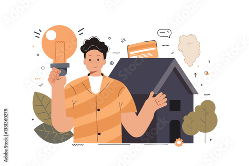 Green energy illustration set. Character showing eco private house, and green circular economy benefits. Renewable energy concept. Vector illustration.