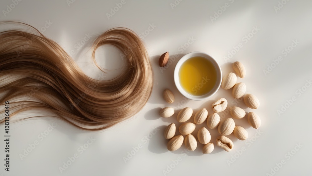 Hair loss concept. Argan seeds, oil, and hair displayed on a background. Hair loss concept. Argan seeds, oil, and hair displayed on a background.