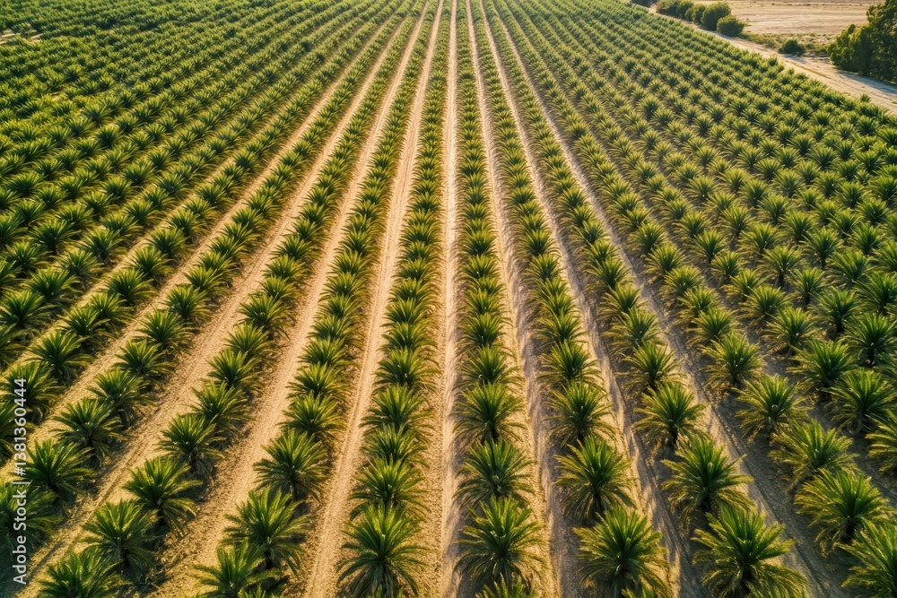 Rows of lush date palm trees at a date farm in a sunny location, Aerial of rows of date palm trees at a date farm in Southern California Rows of lush date palm trees at a date farm in a sunny location, Aerial of rows of date palm trees at a date farm in Southern California