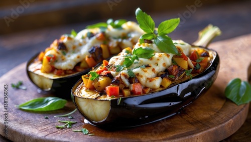 Grilled eggplant halves stuffed with a flavorful mixture and topped with fresh herbs, showcasing a vibrant and appetizing vegetarian option.
