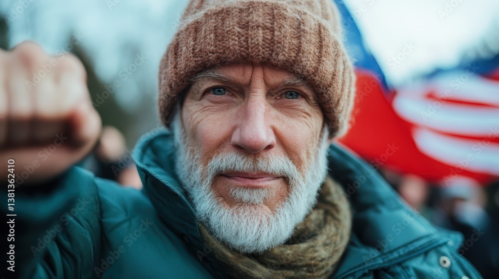 An older man in winter attire raises his fist with a determined expression, demonstrating strength and resolve in a social or protest environment. An older man in winter attire raises his fist with a determined expression, demonstrating strength and resolve in a social or protest environment.