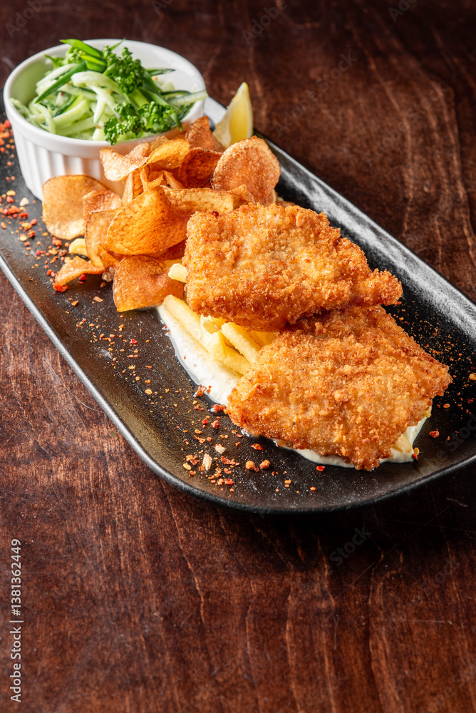 A tempting plate featuring crispy fried fish fillets with golden fries and potato chips, accompanied by a refreshing side of green salad and a lemon wedge, all on a sleek black plate.