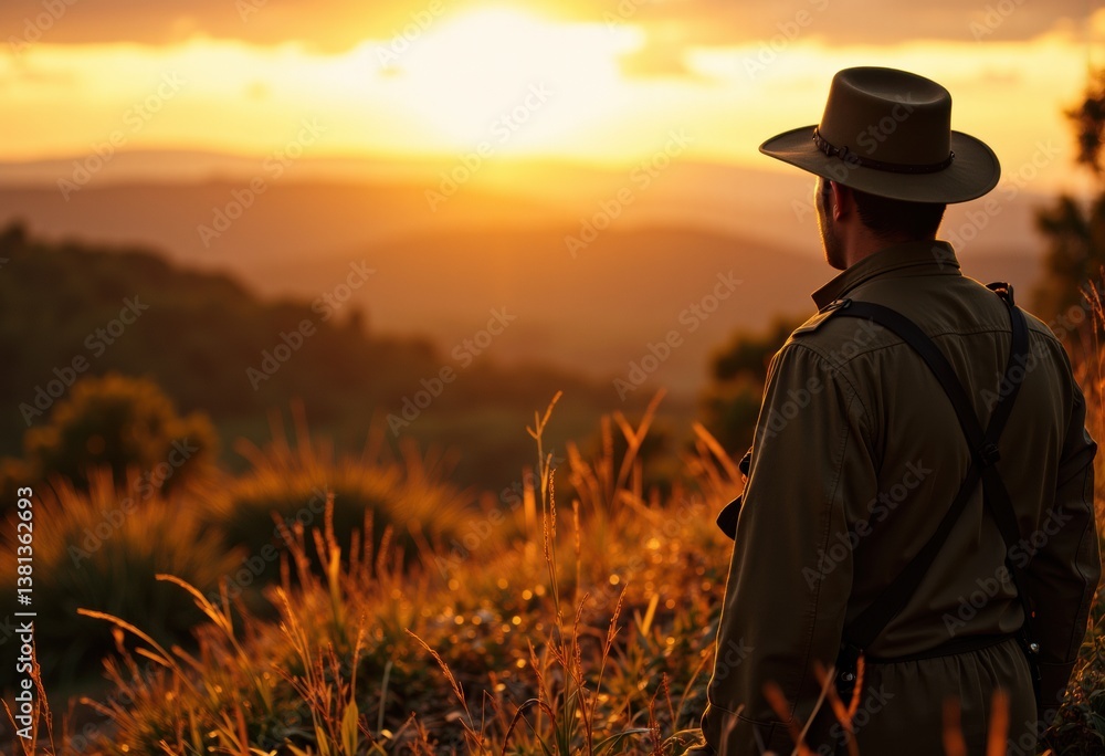 Fototapeta premium A man in a hat gazes at a stunning sunset over rolling hills