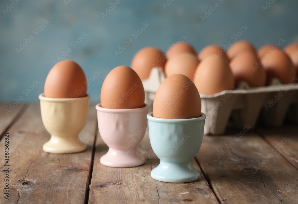 Fresh brown eggs in pastel egg cups on a rustic wooden table Fresh brown eggs in pastel egg cups on a rustic wooden table