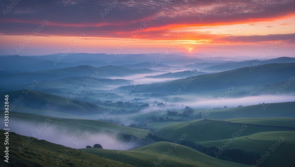 Obraz premium Morning panoramic view of a beautiful sky at sunset from a highland near a village.