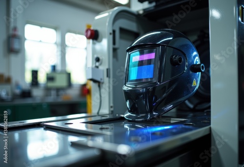Welding helmet placed on a machine in a workshop environment