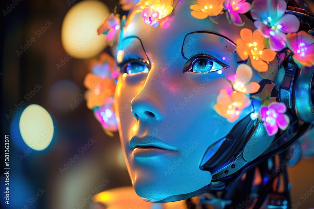 A futuristic female robot adorned with glowing flowers, bathed in vibrant neon lights. A futuristic female robot adorned with glowing flowers, bathed in vibrant neon lights.