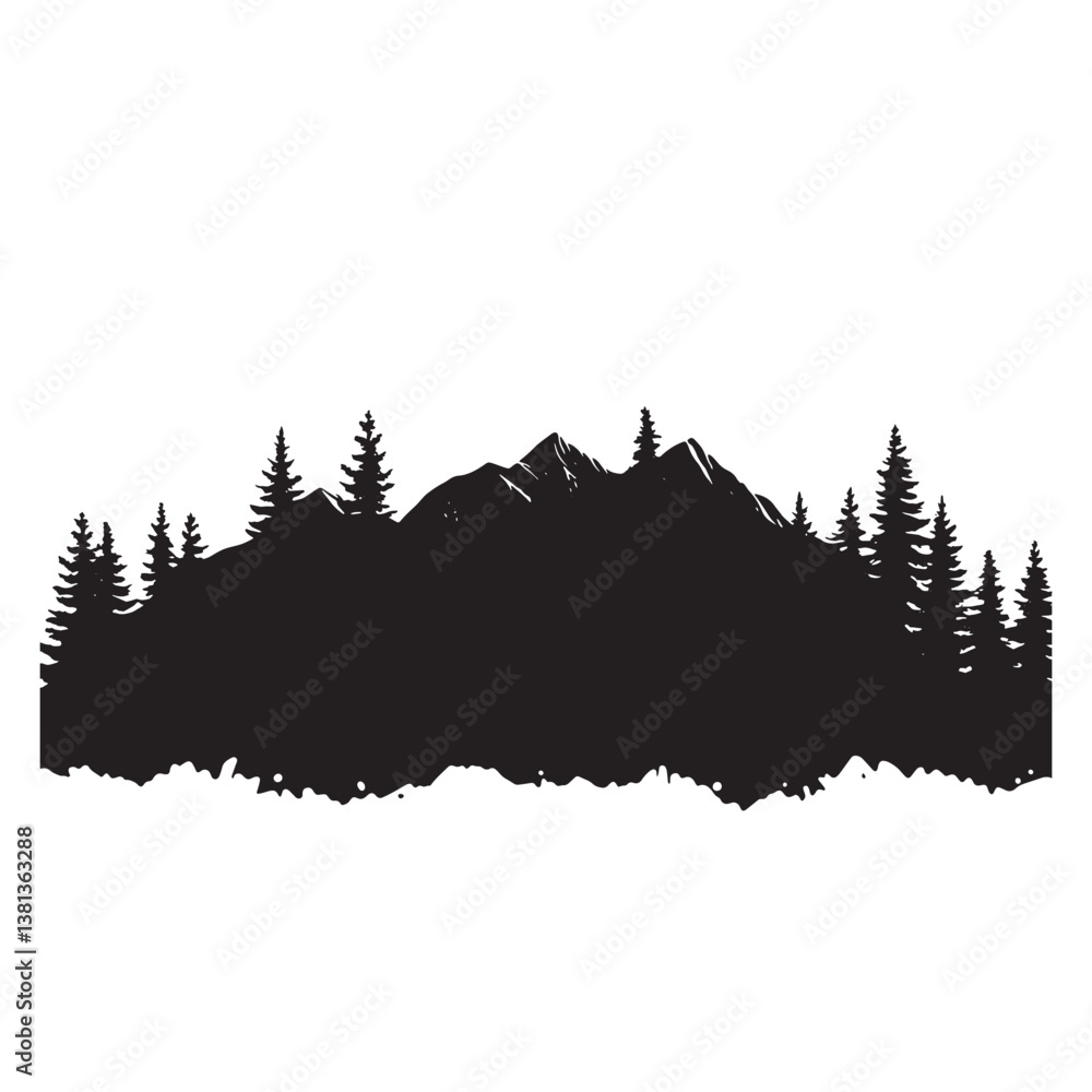 Black vector silhouette of a pine tree against a white winter landscape with mountains and snow Black vector silhouette of a pine tree against a white winter landscape with mountains and snow