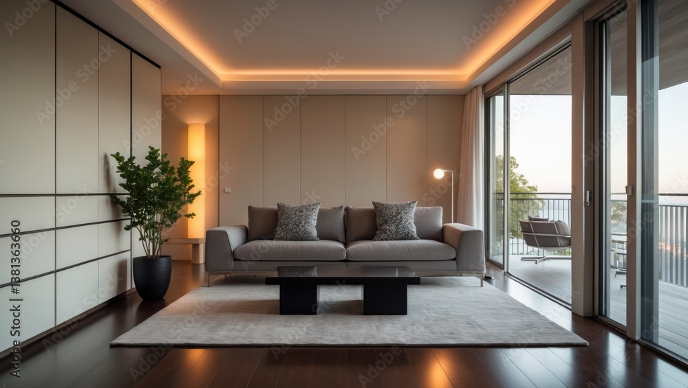 Modern Living Room of a Home with Windows and Balcony. Luxurious Stylish Apartment. Open Interior, Contemporary Sofa, Wardrobe, Closet Furniture, Scandinavian Design. Wide Angle. Modern Living Room of a Home with Windows and Balcony. Luxurious Stylish Apartment. Open Interior, Contemporary Sofa, Wardrobe, Closet Furniture, Scandinavian Design. Wide Angle.