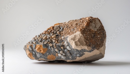 Natural specimen of conglomerate - sedimentary rock made up of rounded or sub-rounded gravel and pebbles bound by calcium carbonate on white background.