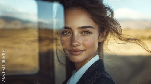 A close-up of a woman in a well-fitting suit, smiling warmly at the camera. Her reflection is visible in the window of the train as the landscape passes by.
