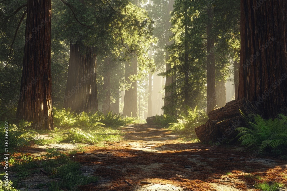 Obraz premium Sunlit path winds through a majestic redwood forest, bathed in morning mist.