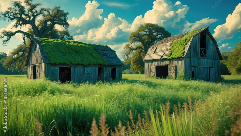 Old wooden farm sheds covered with moss on the roof in an overgrown field, with trees visible in the background. Old wooden farm sheds covered with moss on the roof in an overgrown field, with trees visible in the background.