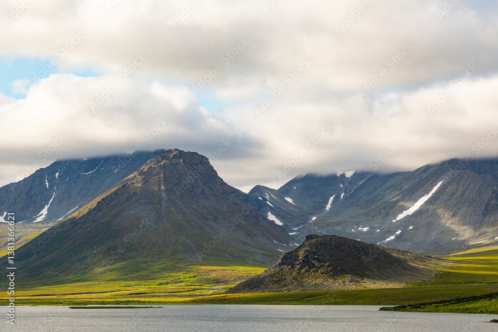 Summer landscape with mountains and lake in the tundra, Yamal, Russia