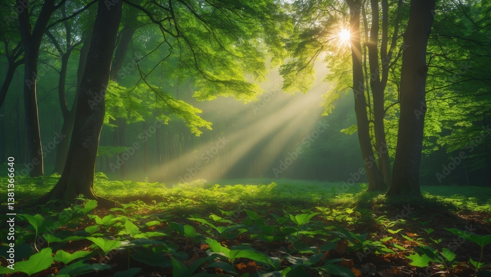 Obraz premium Natural green beech forest illuminated by morning light, as sunlight filters through the mist of dawn.