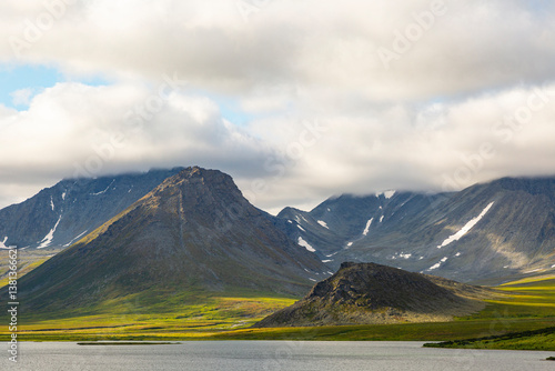 Summer landscape with mountains and lake in the tundra, Yamal, Russia