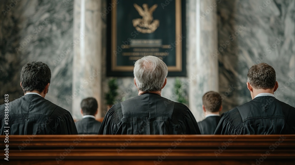 Obraz premium Judges in session courtroom judicial proceedings formal setting back view legal authority