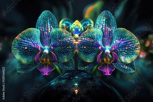 Two iridescent orchids with vibrant teal, purple, and yellow hues, a mesmerizing display of nature's artistry.