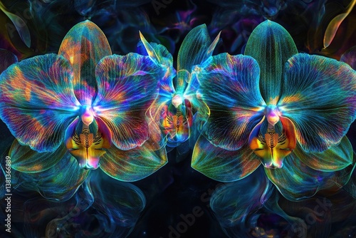 Two iridescent orchids glow with vibrant, otherworldly colors against a dark, smoky background.