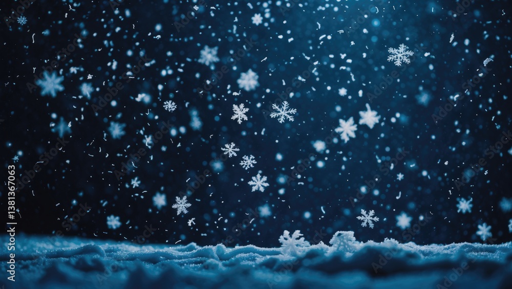 Obraz premium Natural snow particles suspended in the air. Dark blue transitioning to black background. High-quality photograph.