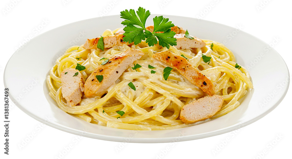 A plate of chicken alfredo pasta with parsley garnish on a white plate against a black background A plate of chicken alfredo pasta with parsley garnish on a white plate against a black background