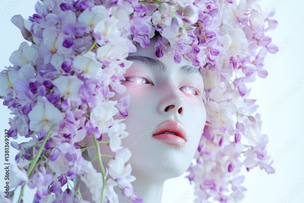 A portrait of a woman adorned with wisteria flowers, ethereal and delicate, showcasing soft beauty. A portrait of a woman adorned with wisteria flowers, ethereal and delicate, showcasing soft beauty.