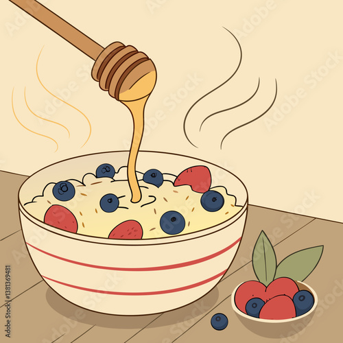 A bowl of oatmeal with honey and berries