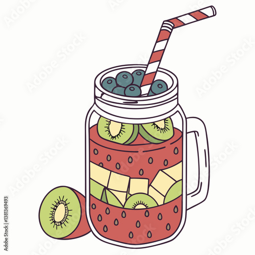 A smoothie jar with layers of fresh fruits
