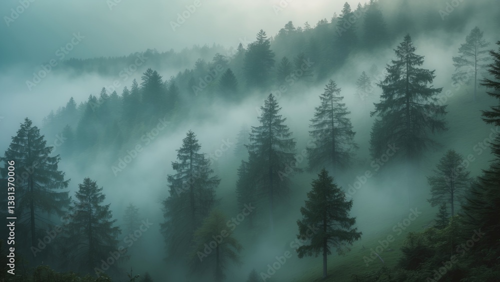 Misty pine forest on the slope of the mountain in a nature reserve. Misty pine forest on the slope of the mountain in a nature reserve.