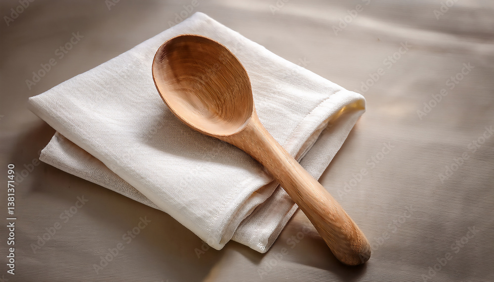 A wooden spoon resting on a folded cotton napkin A wooden spoon resting on a folded cotton napkin