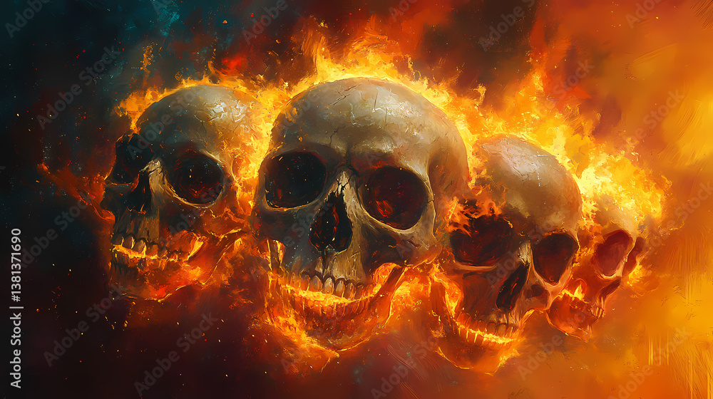 Inferno of forgotten souls human skulls engulfed in vibrant flames representing mortality. Forgotten Souls. Illustration Inferno of forgotten souls human skulls engulfed in vibrant flames representing mortality. Forgotten Souls. Illustration