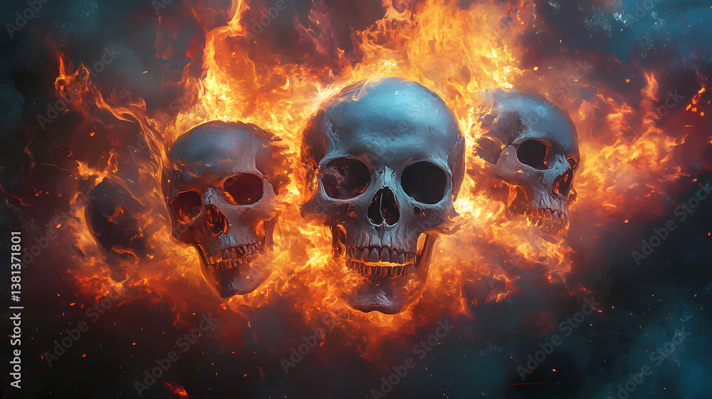 Inferno of forgotten souls human skulls engulfed in vibrant flames representing mortality. Forgotten Souls. Illustration Inferno of forgotten souls human skulls engulfed in vibrant flames representing mortality. Forgotten Souls. Illustration