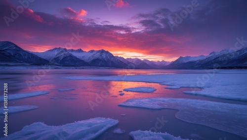 Fototapeta Naklejka Na Ścianę i Meble -  Frozen sea coast during a colorful sunset. Snowy mountains, sea featuring a frosty shore, ice, and reflections in the water, under a purple sky. Winter landscape with snow-covered rocks.