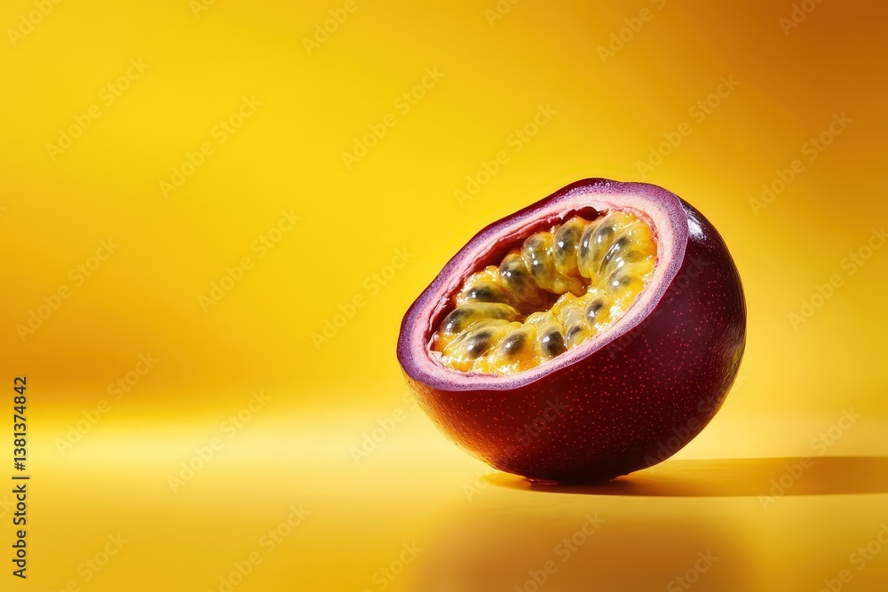 A single passion fruit cut open against a bright yellow background A single passion fruit cut open against a bright yellow background