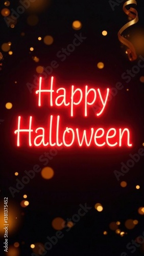 Vertical Glowing happy halloween message with festive ribbons and lights
