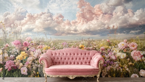Pink floral field mural with vintage couch